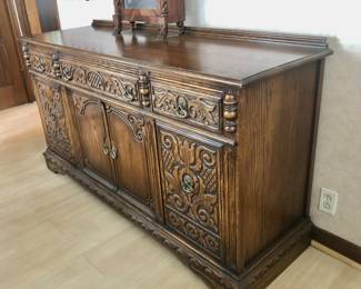 Matching Bernhardt Sideboard / Buffet measures 65.5” Long x 20” Deep x 35” Tall  has 1 wide drawer with wooden section dividers and 3 large cabinets. Could also be used as a Credenza or Entryway Table $650                                                                            ***Unbelievable Bundle Price for Entire Bernhardt Furniture Company, Jacobean / Revival Style Set Includes Table, 6 Chairs, Cupboard, Sideboard $1,500