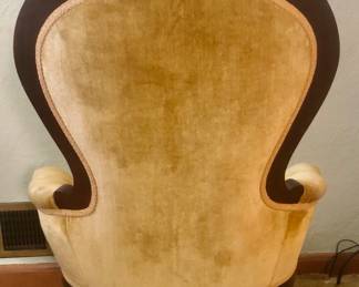 3 Carlton McLendon Gold Victorian Highback ArmChairs / Parlor Chairs with Mahogany Floral Carved Crest, Tufted back and low arms and Cabriole legs. 2 Matching Lady's and 1 Gentleman's (1 His and 2 Hers). 2 Matching Lady's Chairs are in very good condition with a little wear but No Stains, Rips or Tears measures 29" wide x 23.5" deep x 41" tall. The 1 Gentleman's Chair is in excellent condition (No Stains, Rips or Tears) measures 25.5" wide x 22" deep x 45" tall. We have a Detailed Receipt from Zollinger for the Reupholstering & Repadding of the Gents Chair where the owners paid $1,700 in 2004. $200 Each Chair *Unbelievable Bundle Price for All 9 Pieces of Carlton McLendon Victorian Furniture, Includes Sofa, 3 Chairs, Pair of Side Tables, Half Round Table, Oval Table, Plant Stand = $1500
