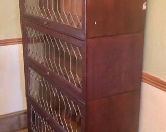 *PRE-SALE NOW Barrister Bookcase with Glass and Leaded Iron Fronts is 34 inches wide by 14 inches deep by 54 1/2 inches tall and it comes in 4 pieces (stacked). Has a little damage on the top right side. $375