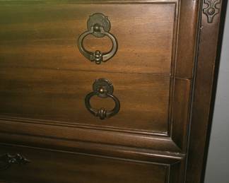 PRE-SALE NOW DREXEL Mid Century BEDROOM SET: Includes Tall Chest Of Drawers, Long Dresser with Mirror, 1 NightStand, King Size Headboard (2 Twin Mattresses – to Take or Leave)  4 Piece Set ALL for $400.                                                                                                                             
Drexel Tall Chest of Drawers is 36 inches wide by 19 inches deep and 50 inches tall.                            
Drexel Dresser with attached mirror is 66” long x 32” tall x 19” deep and the mirror is 27 ¼”wide by 42” tall                                                                                                                                           Drexel Nightstand is 22”wide x 16” deep 23” tall                                                                               
The Bed is 2 twin beds, but the Headboard is King Size, 79 inches wide x 39 ¾” tall. All 4 Pieces $400.