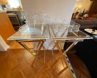 Lucite and gold tray tables w/ lucite serving pieces