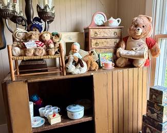
primitive cupboard antique doll dresser Rosie O’Neil Cameo Kewpie  antique wooden pull toy cat