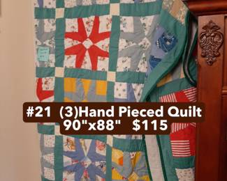 #21  (3)Hand Pieced Quilt  90"x88"   $115