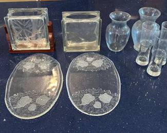 KAS030- Vintage Glassware Vases and Etched Glass Platters