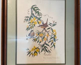Matted and Framed Art - Carolina Wren with Yellow Jassamine - Anne Worsham Richardson