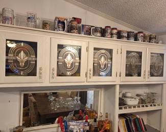 Collectible Budweiser steins - other collectible glass and ceramics, including 1940's Worlds Fair glass set. Antique metal kitchen mixer, beater, sifter.