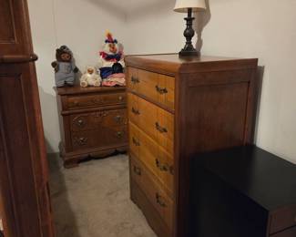 Antique wooden chest of drawers (4 drawers) 32"W, lamp, 2 drawer metal file cabinet. 