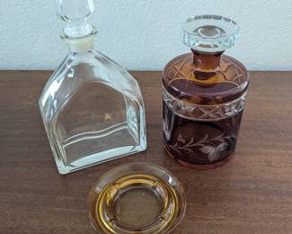 Lot #88 - Vintage Glass Decanters Including Amber Etched Glass, and Ashtray Lot