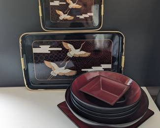 Lot #38 - Vintage Japanese Lacquer Ware Serving Trays Plus Tastefully Simple (& Others) Platters and Bowls