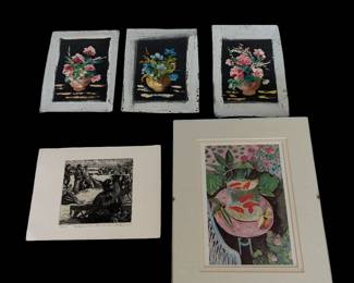 Lot #331 - Set of Small Floral Oil on Canvas, Black and White Woodblock Print, and Colorful Fish Print