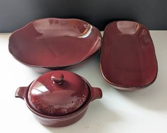 Lot #36 - Tastefully Simple Cranberry Red Serving Platters and Lidded Crock