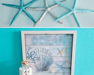 Lot #139 - Coastal Decor Lot - Starfish, Framed Ocean Art, and Jar of Shells.