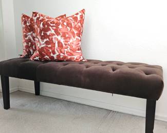 Lot #135 - Brown Tufted Ottoman Bench With Down-Filled Throw Pillows