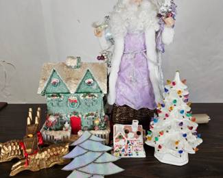 Lot #238 - Holiday Decor Lot - Santa Figurine, Glitter House, Ceramic Lighted Christmas Tree & More.