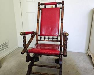 Lot #165 - Stunning Antique Colonial Style Walnut and Red Leather Rocking Chair