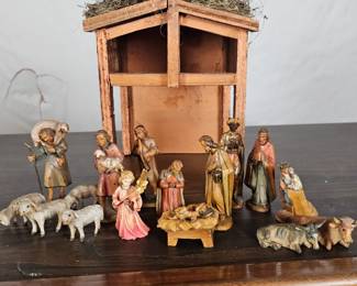 Lot #242 - Vintage Nativity Set - Hand-Painted Figurines and Stable.