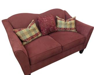 Lot #119 - Bauhaus Red Suede Loveseat with Throw Pillows