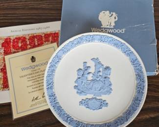 Lot #258 - Wedgwood 1988 Valentine's Day Plate in Blue Jasperware with Courting Scene