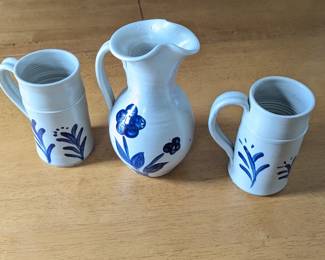 Lot #27 - Williamsburg Pottery Salt Glazed Blue Leaf Floral Design Pitcher & Coffee Mugs.