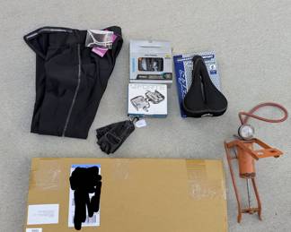 Lot #315 - Women's NEW Performance Cycling Pants, Gloves, Forte & SPD Pedals, Bike Seat, Bike Post and Older Tire Pump
