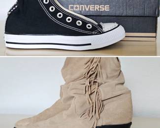 Lot #212 - Women's Size 5.5 Converse Chuck Taylor All Star High Top Sneakers & Santa Fe Boot Co 4.5 Tan Fringe Slouch Boots