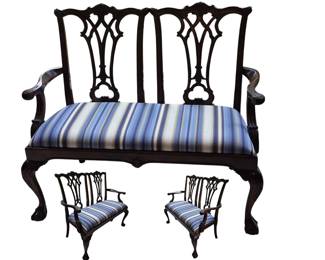 Chippendale Style Carved Mahogany Settee with Upholstered Seats 