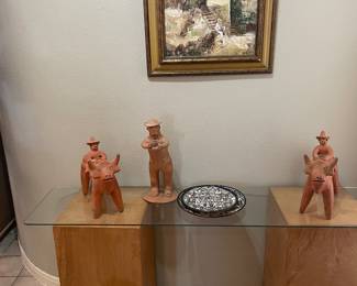 Entry table with 3 Mexican pottery figures candle holders, Art by Adair