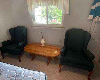 Wing back chairs and coffee table 