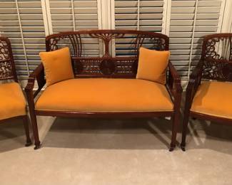 Very unique sitting room trio with hand-carved detail.  Exceptional condition!