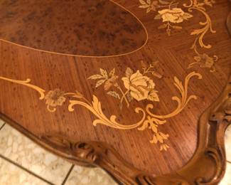Inlay detail of hand carved coffee table.