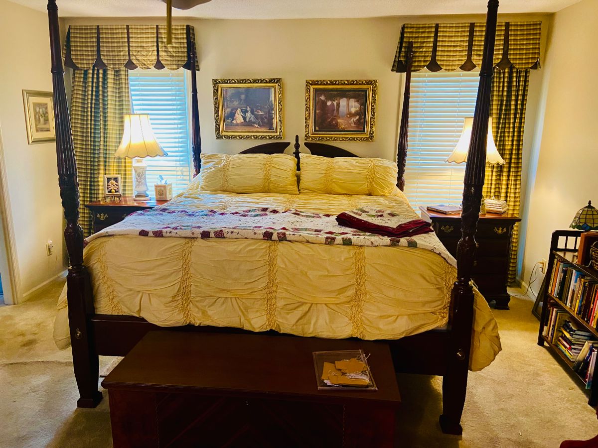 Sumter king size bed with taller nightstands, chest of drawers, dresser and armoire in perfect condition