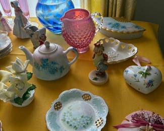 MANY PIECES FROM FENTON, HUMMEL, FRANCE, AND HAND PAINTED PIECES