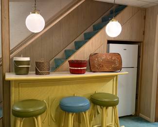 RATTAN BAR AND 3 STOOLS