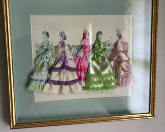 SHADOW BOX FILLED WITH HAND MADE FABRIC DRESSED LADIES