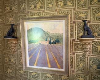 Cast Iron Bookends & Oil Paintings