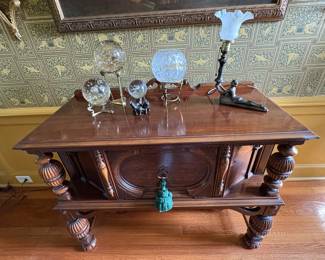 Antique Server, MCM Bubble Glass Spheres & Art Deco Lamps 