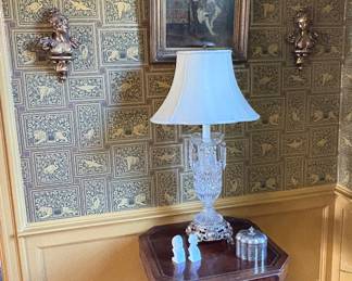  Vintage Duncan Phyfe Leather Top Table & Crystal Lamps 