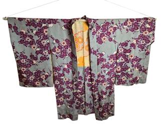Antique Silk Japanese Kimono and Crane Obi Belt