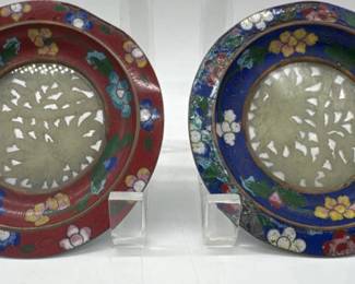 Pair of Cloisonne trinket dishes with carved jade inserts