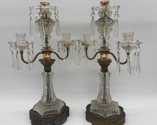Antique cut glass, brass girandoles