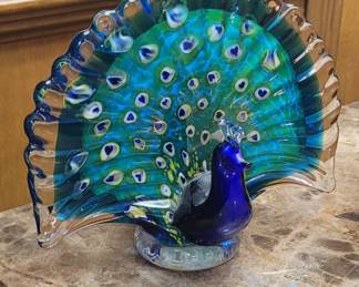 MID CENTURY ART GLASS PEACOCK