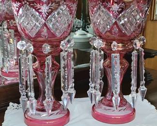 SPECTACULAR PAIR OF BOHEMIAN CRANBERRY GLASS MANTLE LUSTERS