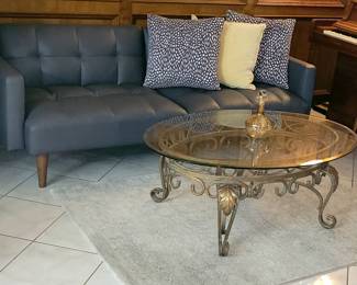 MODERN SOFA/FUTON, GLASS & IRON COFFEE TABLE