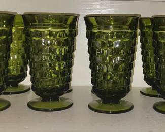 MID CENTURY INDIANA GLASS "WHITEHALL CUBIST" AVOCADO GREEN FOOTED GLASSES