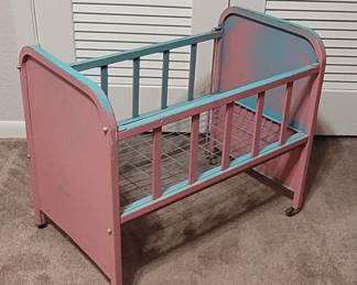 OLD METAL DOLL CRIB ON CASTERS
