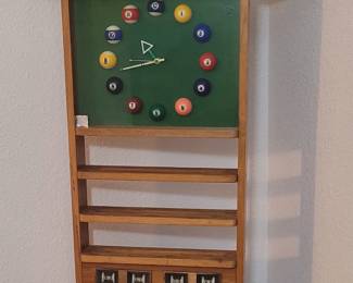 VINTAGE WALL MOUNT POOL CUE STICK HOLDER, CLOCK AND SCORE COUNTER