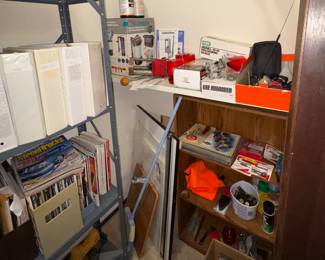Gun related items, bullet reloader, shells, bullets, shelves, drafting table, fish tank filter