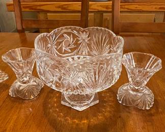 Glass bowl with matching candle holders