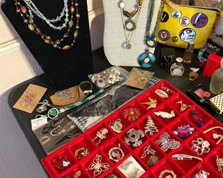 glass beaded necklaces, Pins, Earrings