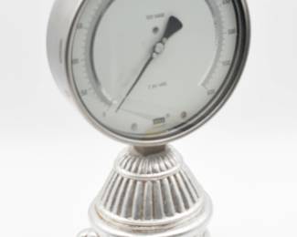 steampunk style WIKA test gauge on silver tone metal base